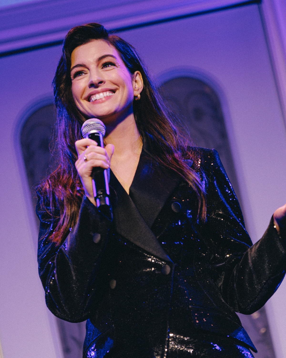 Anne Hathaway on stage at Town Hall for Broadway Rallies for Harris