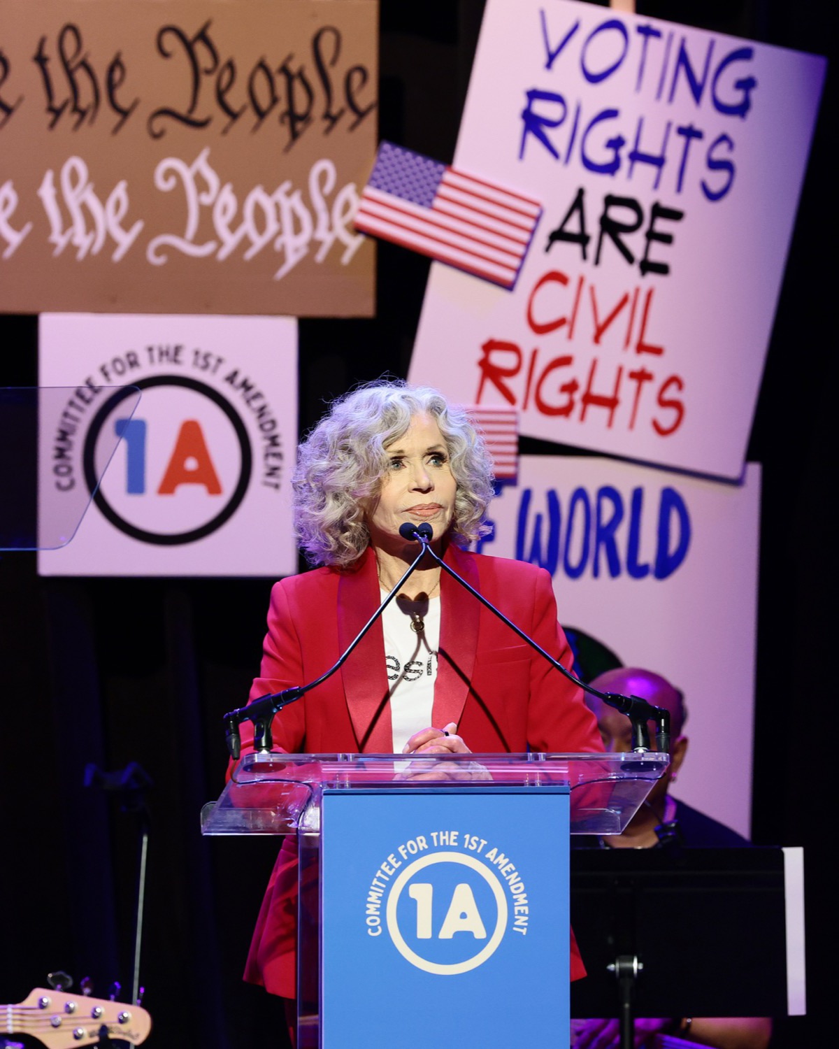 Jane Fonda speaking at the Committee for the First Amendment podium